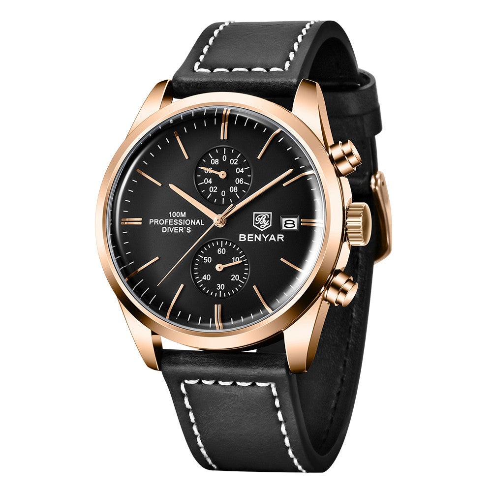 New BENYAR Leather Men Quartz Wristwatches Luxury Brand Waterproof Men Watch Military Sports Chronograph Watch for Men BY-5187 - Gold black