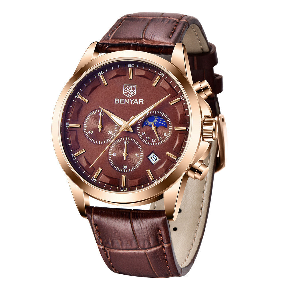 BENYAR Top Brand Luxury Men Quartz Watches 30M Waterproof Leather Military Watch for Men Casual Automatic Date Clock Relojes BY-5160 - gold coffee