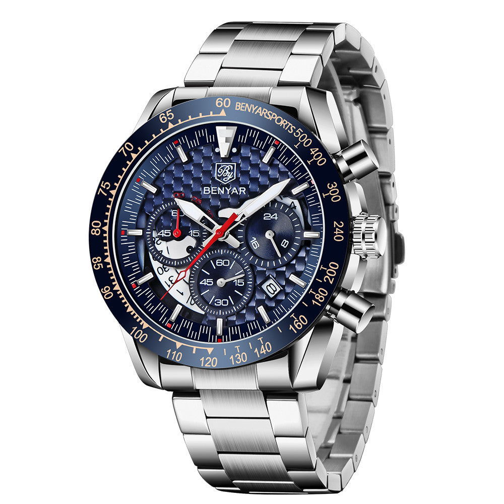 BENYAR Top Brand New Men Watches Leather Strap Luxury Waterproof Sport Quartz Chronograph Military Watch Men Clock Reloj Hombre BY-5175 - steel blue