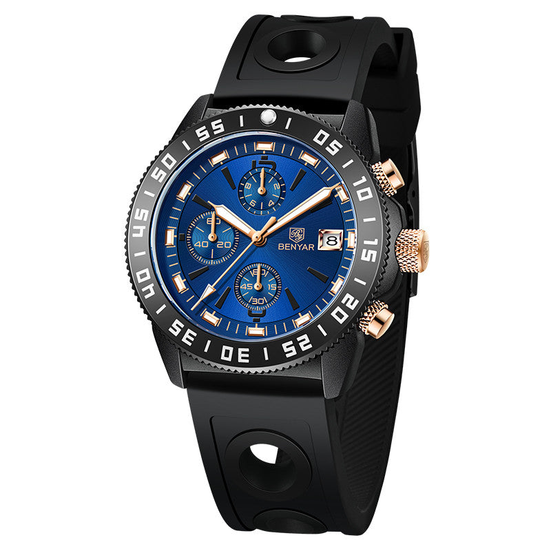 BENYAR Top Brand New Men Watches Leather Strap Luxury Waterproof Sport Quartz Chronograph Military Watch Men Clock Reloj Hombre BY-5198 - Steel Black Black
