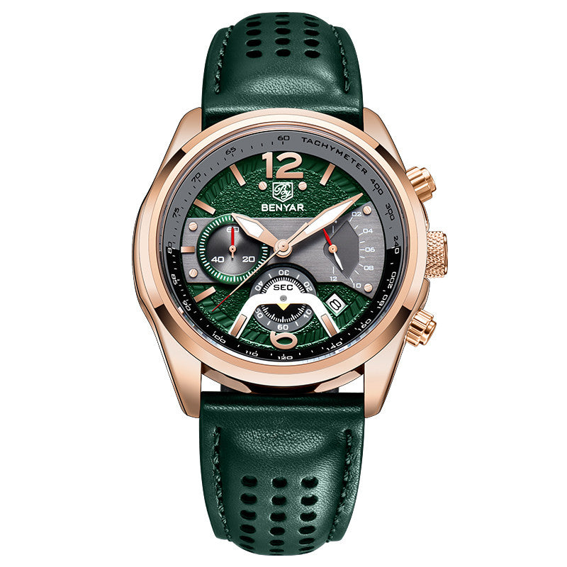 BENYAR 2021 New Men Watch Top Brand Waterproof Men Quartz Wristwatch Military Leather Watch Men Sports Chronograph Reloj Hombre BY-5171M - Golden Green