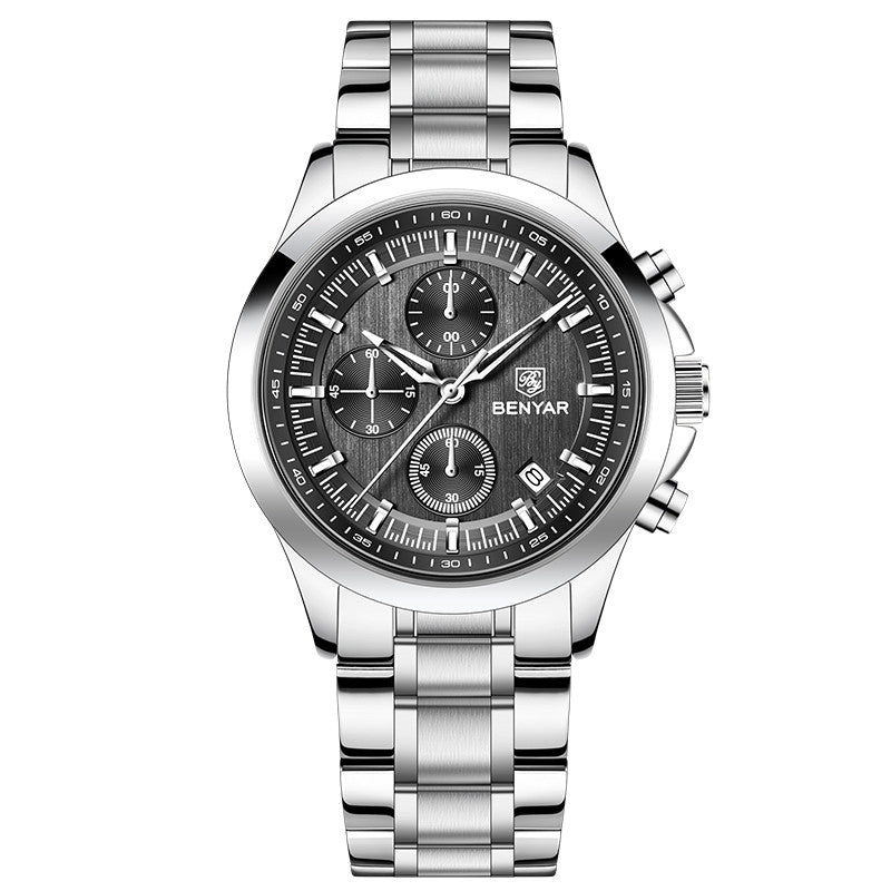 BENYAR Top Brand New Men Watches Luxury Waterproof Sport Quartz Watch Men Clock Reloj Hombre BY-5210 - Steel silvery+Black