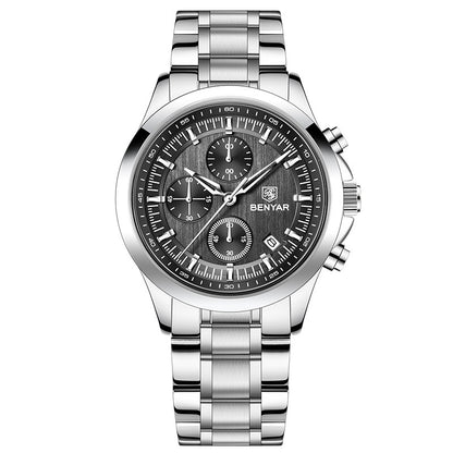 BENYAR Top Brand New Men Watches Luxury Waterproof Sport Quartz Watch Men Clock Reloj Hombre BY-5210 - Steel silvery+Black
