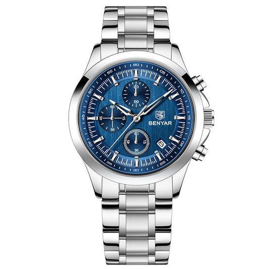 BENYAR Top Brand New Men Watches Luxury Waterproof Sport Quartz Watch Men Clock Reloj Hombre BY-5210 - Steel silvery+Blue