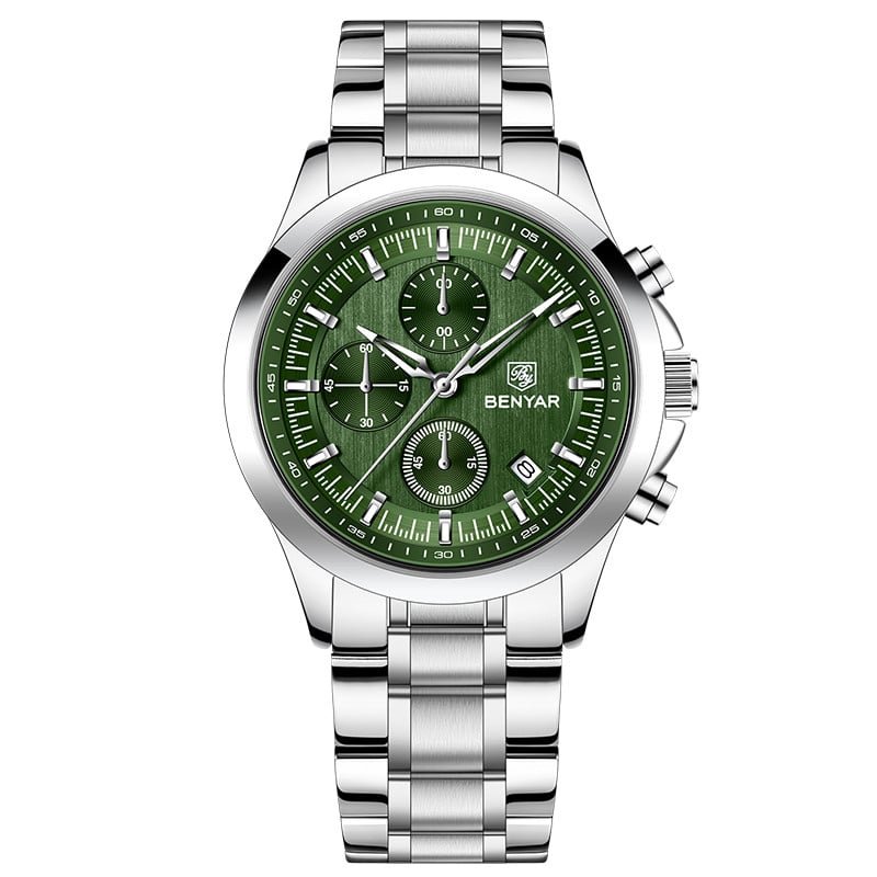 BENYAR Top Brand New Men Watches Luxury Waterproof Sport Quartz Watch Men Clock Reloj Hombre BY-5210 - Steel silvery+Green