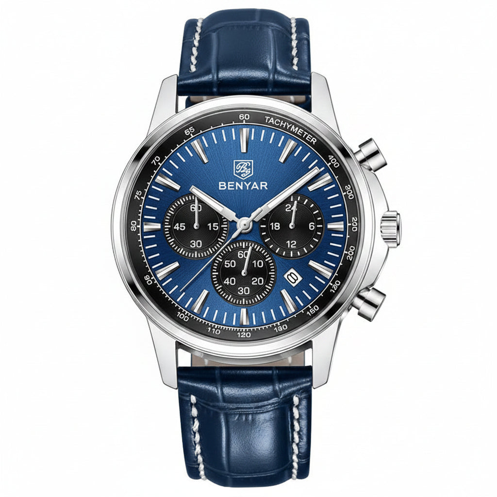 BENYAR Top Brand New Men Watches Leather Strap Luxury Waterproof Sport Quartz Watch Men Clock Reloj Hombre BY-5213 - Silvery Blue