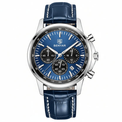 BENYAR Top Brand New Men Watches Leather Strap Luxury Waterproof Sport Quartz Watch Men Clock Reloj Hombre BY-5213 - Silvery Blue