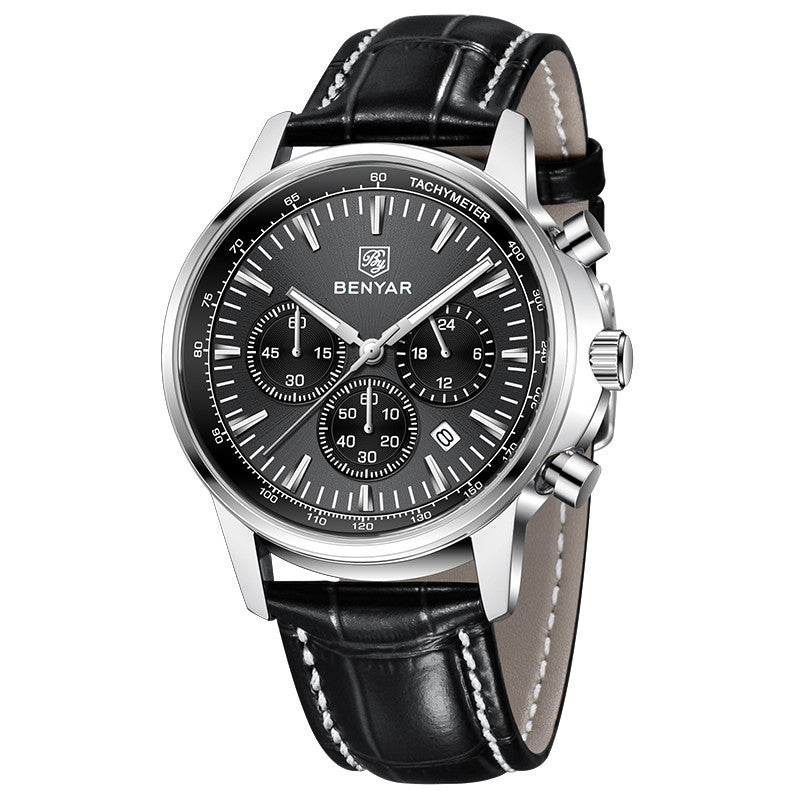 BENYAR Top Brand New Men Watches Leather Strap Luxury Waterproof Sport Quartz Watch Men Clock Reloj Hombre BY-5213 - Silvery Black