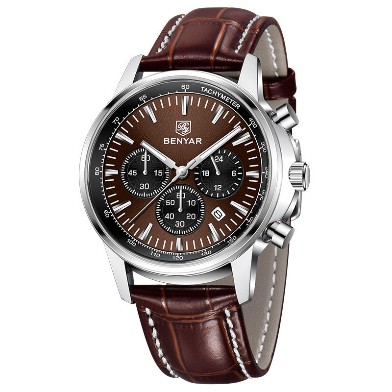 BENYAR Top Brand New Men Watches Leather Strap Luxury Waterproof Sport Quartz Watch Men Clock Reloj Hombre BY-5213 - Silvery Curry