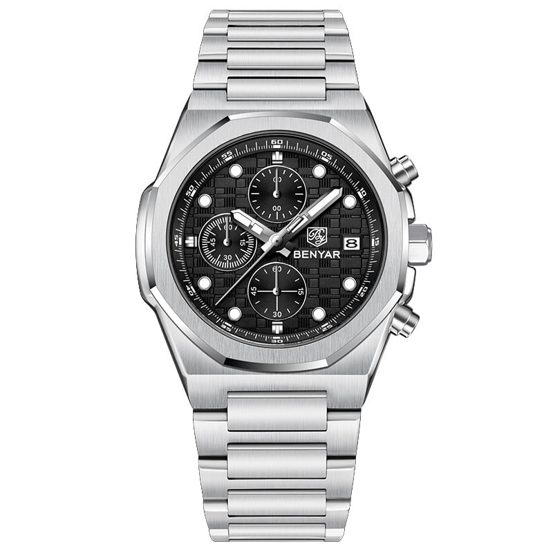 BENYAR Top Brand New Men Watches Stainless Steel Luxury Waterproof Sport Quartz Watch Men Clock Reloj Hombre BY-5216M - Silvery Black