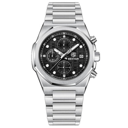 BENYAR Top Brand New Men Watches Stainless Steel Luxury Waterproof Sport Quartz Watch Men Clock Reloj Hombre BY-5216M - Silvery Black