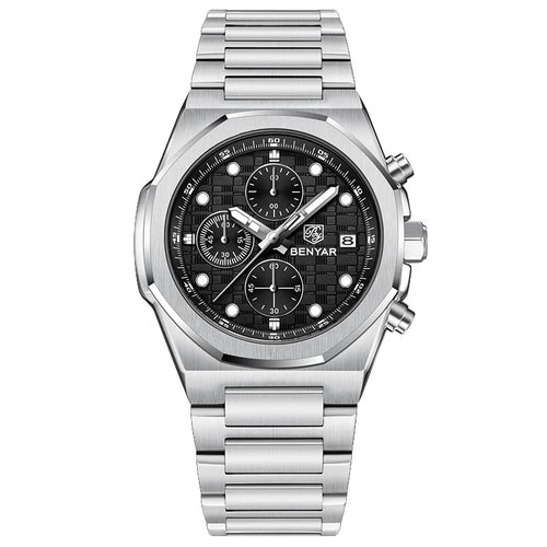 BENYAR Top Brand New Men Watches Stainless Steel Luxury Waterproof Sport Quartz Watch Men Clock Reloj Hombre BY-5216M - Silvery Black