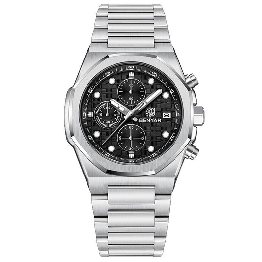 BENYAR Top Brand New Men Watches Stainless Steel Luxury Waterproof Sport Quartz Watch Men Clock Reloj Hombre BY-5216M - Silvery Black