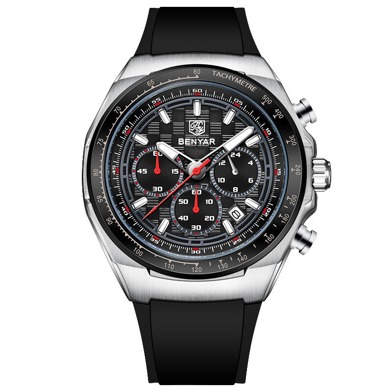 BENYAR Top Brand New Men Watches Silicone Strap Luxury Waterproof Sport Quartz Watch Men Clock Reloj Hombre BY-5215 - Silvery Black
