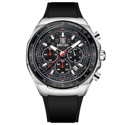 BENYAR Top Brand New Men Watches Silicone Strap Luxury Waterproof Sport Quartz Watch Men Clock Reloj Hombre BY-5215 - Silvery Black