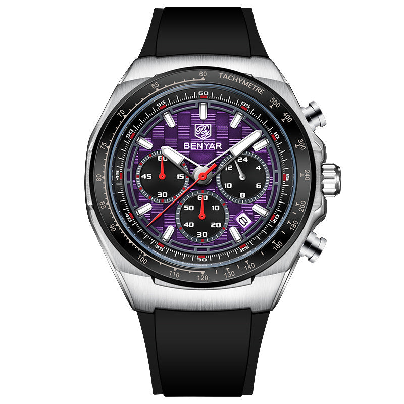 BENYAR Top Brand New Men Watches Silicone Strap Luxury Waterproof Sport Quartz Watch Men Clock Reloj Hombre BY-5215 - Silvery Purple