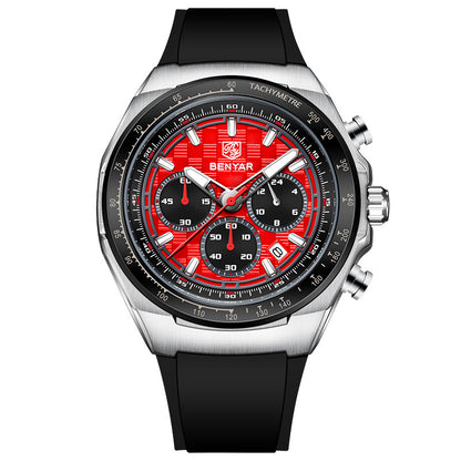 BENYAR Top Brand New Men Watches Silicone Strap Luxury Waterproof Sport Quartz Watch Men Clock Reloj Hombre BY-5215 - Silvery Red