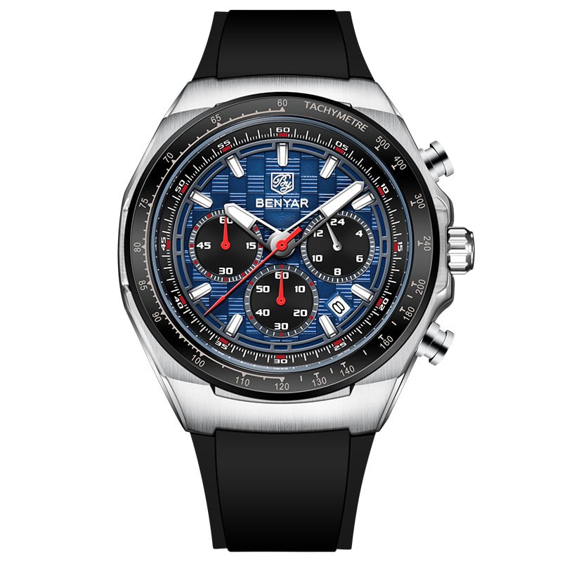 BENYAR Top Brand New Men Watches Silicone Strap Luxury Waterproof Sport Quartz Watch Men Clock Reloj Hombre BY-5215 - Silvery Blue