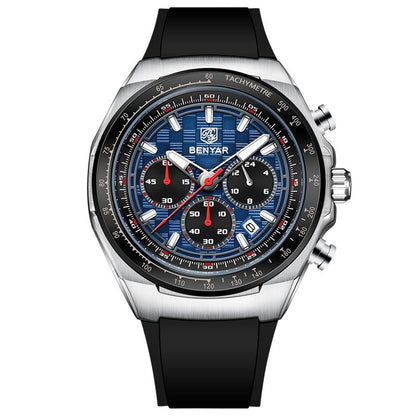 BENYAR Top Brand New Men Watches Silicone Strap Luxury Waterproof Sport Quartz Watch Men Clock Reloj Hombre BY-5215 - Silvery Blue