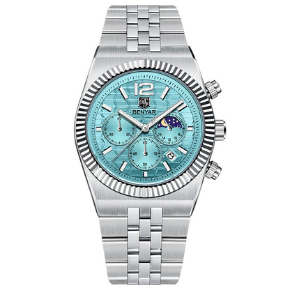 BENYAR Top Brand New Men Watches Luxury Waterproof Sport Quartz Watch Men Clock Reloj Hombre BY-5225M - Silvery Sky Blue