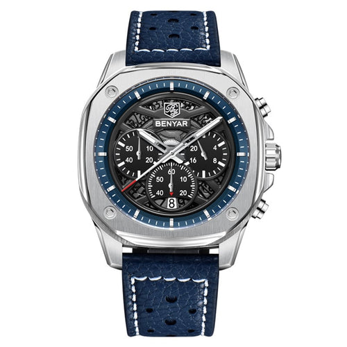 BENYAR Top Brand New Men Watches Pu Leather Strap Luxury Waterproof Sport Quartz Watch Men Clock Reloj Hombre BY-5222 - Silvery Blue