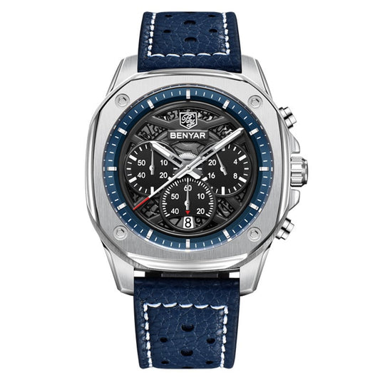 BENYAR Top Brand New Men Watches Pu Leather Strap Luxury Waterproof Sport Quartz Watch Men Clock Reloj Hombre BY-5222 - Silvery Blue