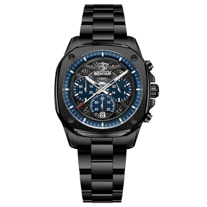 BENYAR Top Brand New Men Watches Pu Leather Strap Luxury Waterproof Sport Quartz Watch Men Clock Reloj Hombre BY-5222 - Silvery Black