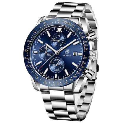 BENYAR Men Watches Brand Luxury Silicone Strap Waterproof Sport Quartz Chronograph Military Watch Men Clock Relogio Masculino BY-5140M - Steel Silver Blue