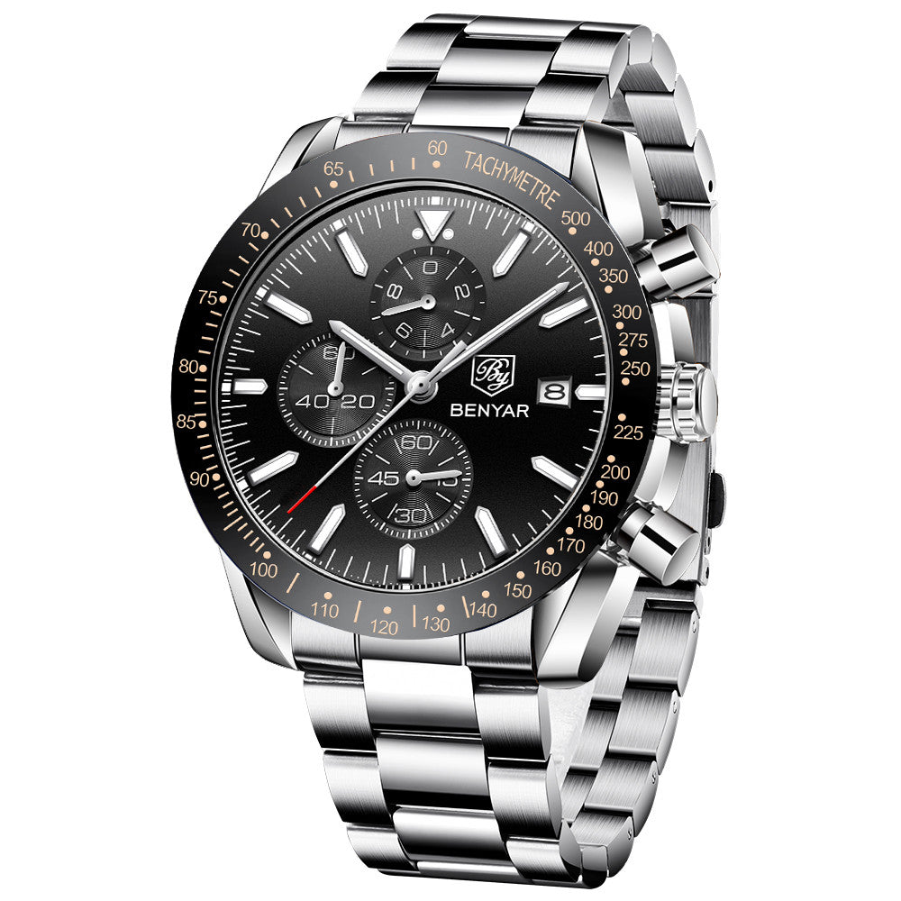 BENYAR Men Watches Brand Luxury Silicone Strap Waterproof Sport Quartz Chronograph Military Watch Men Clock Relogio Masculino BY-5140M - Steel Silver Black