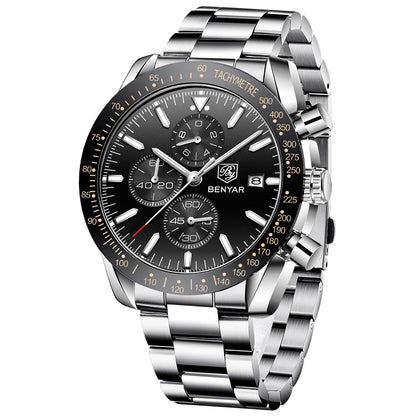 BENYAR Men Watches Brand Luxury Silicone Strap Waterproof Sport Quartz Chronograph Military Watch Men Clock Relogio Masculino BY-5140M - Steel Silver Black