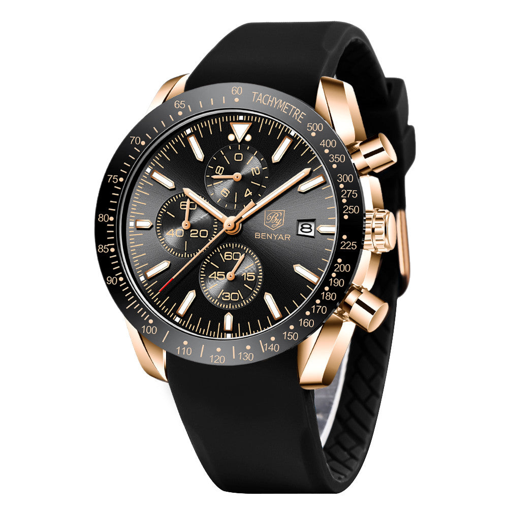 BENYAR Men Watches Brand Luxury Silicone Strap Waterproof Sport Quartz Chronograph Military Watch Men Clock Relogio Masculino BY-5140M - Silico Gold Black