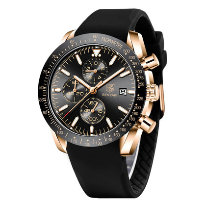 BENYAR Men Watches Brand Luxury Silicone Strap Waterproof Sport Quartz Chronograph Military Watch Men Clock Relogio Masculino BY-5140M - Silico Gold Black