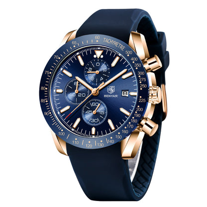 BENYAR Men Watches Brand Luxury Silicone Strap Waterproof Sport Quartz Chronograph Military Watch Men Clock Relogio Masculino BY-5140M - Silico Gold Blue