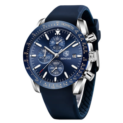 BENYAR Men Watches Brand Luxury Silicone Strap Waterproof Sport Quartz Chronograph Military Watch Men Clock Relogio Masculino BY-5140M - Silico Silver Blue