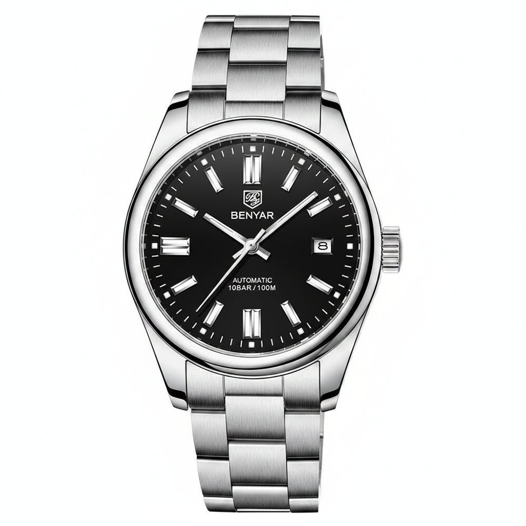 2021 BENYAR New Luxury Men Mechanical Wristwatches 10Bar Waterproof Automatic Watch Stainless Steel Sports Diving Watch for Men BY-5185 - Black