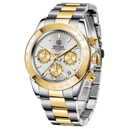 Relojes Hombre 2021 BENYAR New Watches Men Luxury Brand Chronograph Male Sport Watches Waterproof Stainless Steel Quartz Watch BY-5169 - Gold white