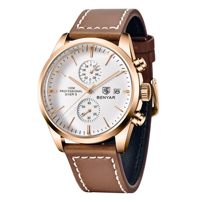 New BENYAR Leather Men Quartz Wristwatches Luxury Brand Waterproof Men Watch Military Sports Chronograph Watch for Men BY-5187 - Gold white