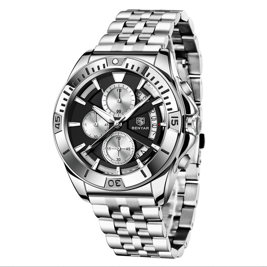 BENYAR 2021 Luxury Sports Quartz Watches Stainless Steel Fashion Men Watch Top Brand Casual Men Chronograph Watch reloj hombre BY-5180 - steel black