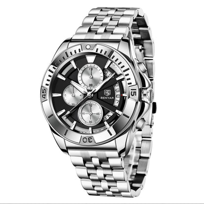 BENYAR 2021 Luxury Sports Quartz Watches Stainless Steel Fashion Men Watch Top Brand Casual Men Chronograph Watch reloj hombre BY-5180 - steel black