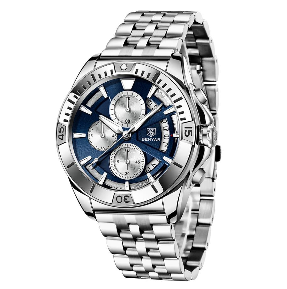 BENYAR 2021 Luxury Sports Quartz Watches Stainless Steel Fashion Men Watch Top Brand Casual Men Chronograph Watch reloj hombre BY-5180 - steel blue