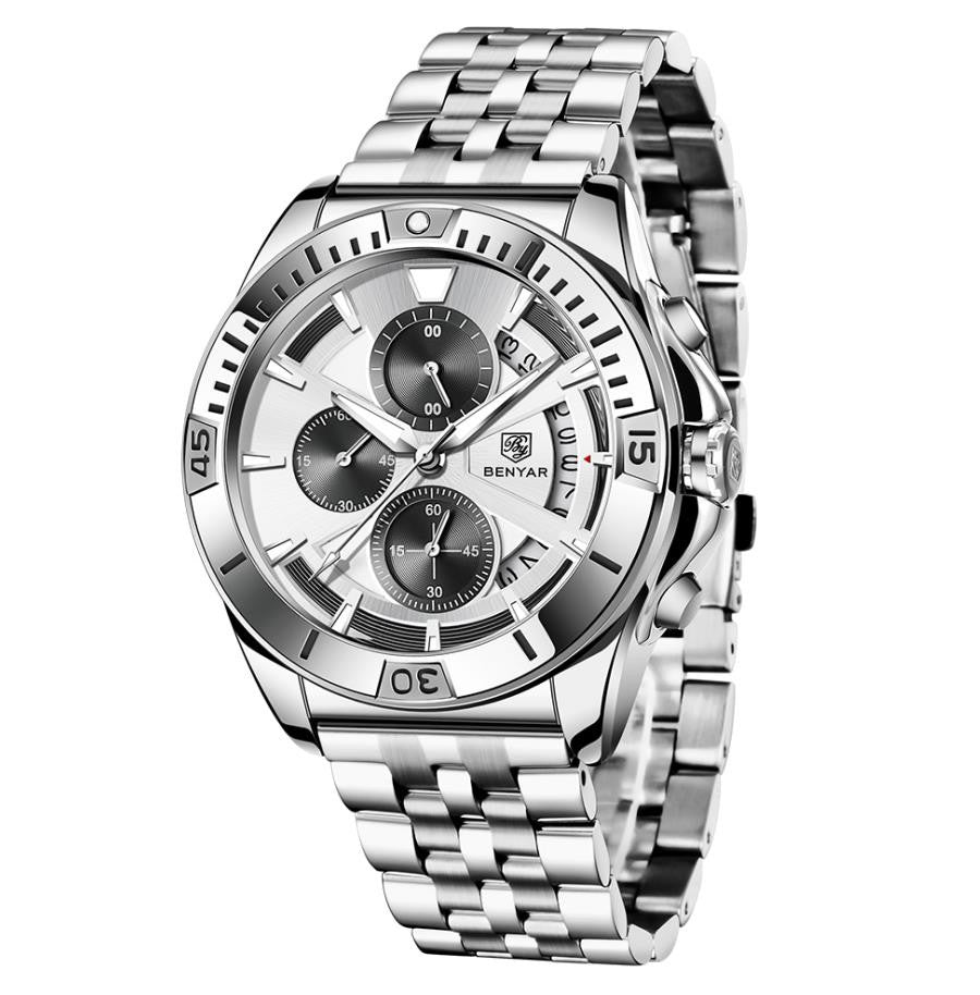 BENYAR 2021 Luxury Sports Quartz Watches Stainless Steel Fashion Men Watch Top Brand Casual Men Chronograph Watch reloj hombre BY-5180 - steel white