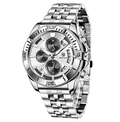 BENYAR 2021 Luxury Sports Quartz Watches Stainless Steel Fashion Men Watch Top Brand Casual Men Chronograph Watch reloj hombre BY-5180 - steel white