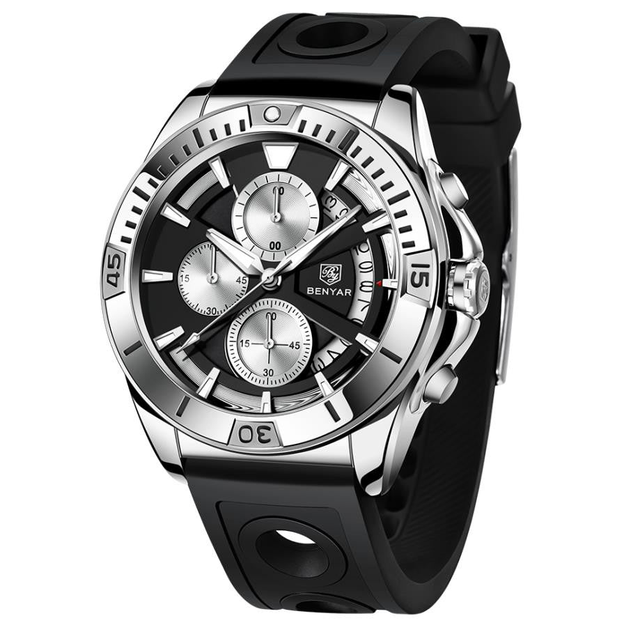 BENYAR 2021 Luxury Sports Quartz Watches Stainless Steel Fashion Men Watch Top Brand Casual Men Chronograph Watch reloj hombre BY-5180 - Silicone black