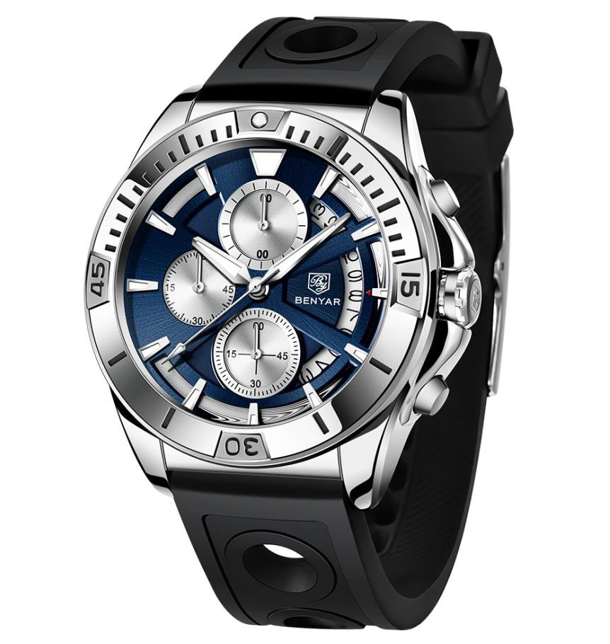 BENYAR 2021 Luxury Sports Quartz Watches Stainless Steel Fashion Men Watch Top Brand Casual Men Chronograph Watch reloj hombre BY-5180 - Silicone blue