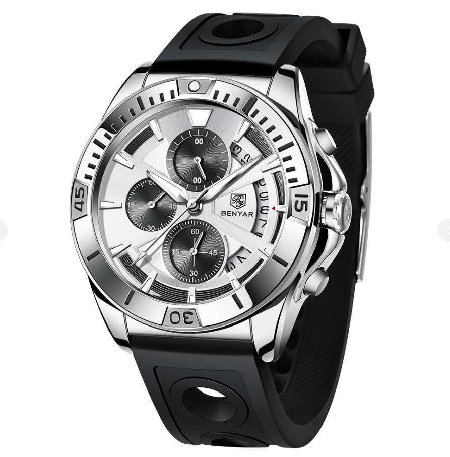 BENYAR 2021 Luxury Sports Quartz Watches Stainless Steel Fashion Men Watch Top Brand Casual Men Chronograph Watch reloj hombre BY-5180 - Silicone white