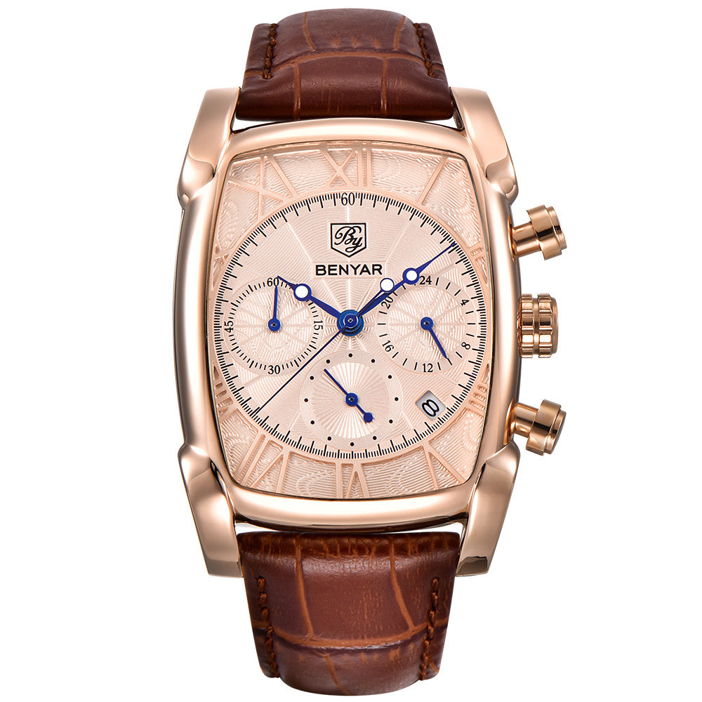 BENYAR Men Watches Brand Luxury Leather Band Waterproof Sport Quartz Chronograph Military Watch Men Clock Relogio Masculino BY-5113M - golden golden