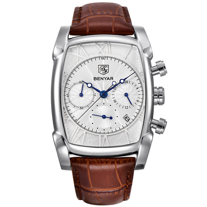 BENYAR Men Watches Brand Luxury Leather Band Waterproof Sport Quartz Chronograph Military Watch Men Clock Relogio Masculino BY-5113M - white