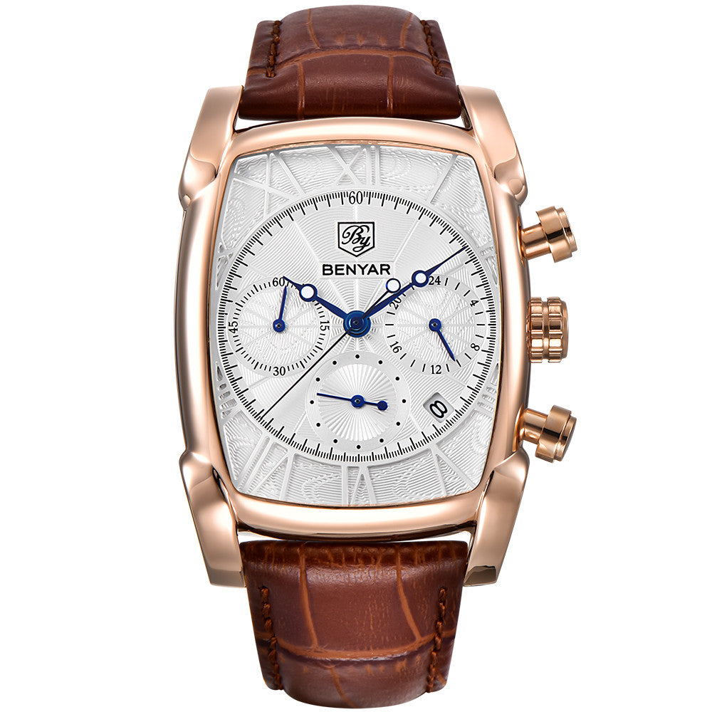 BENYAR Men Watches Brand Luxury Leather Band Waterproof Sport Quartz Chronograph Military Watch Men Clock Relogio Masculino BY-5113M - gold white