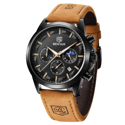 BENYAR Top Brand Luxury Men Quartz Watches 30M Waterproof Leather Military Watch for Men Casual Automatic Date Clock Relojes BY-5160 - leather full black-1