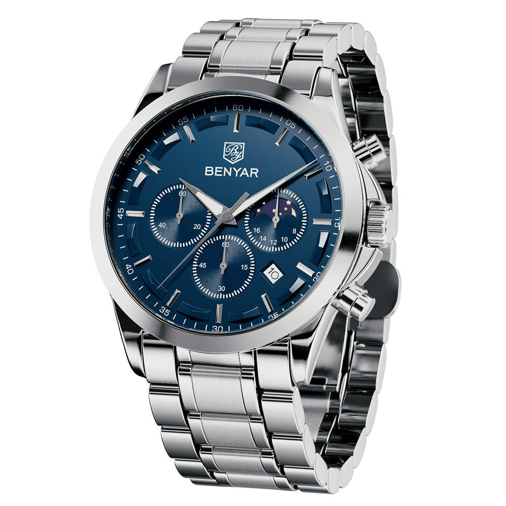 BENYAR Top Brand Luxury Men Quartz Watches 30M Waterproof Leather Military Watch for Men Casual Automatic Date Clock Relojes BY-5160 - steel silver blue
